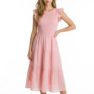 Zenana Outfitters Pink Smocked Tiered Midi Dress with Ruffle Sleeves